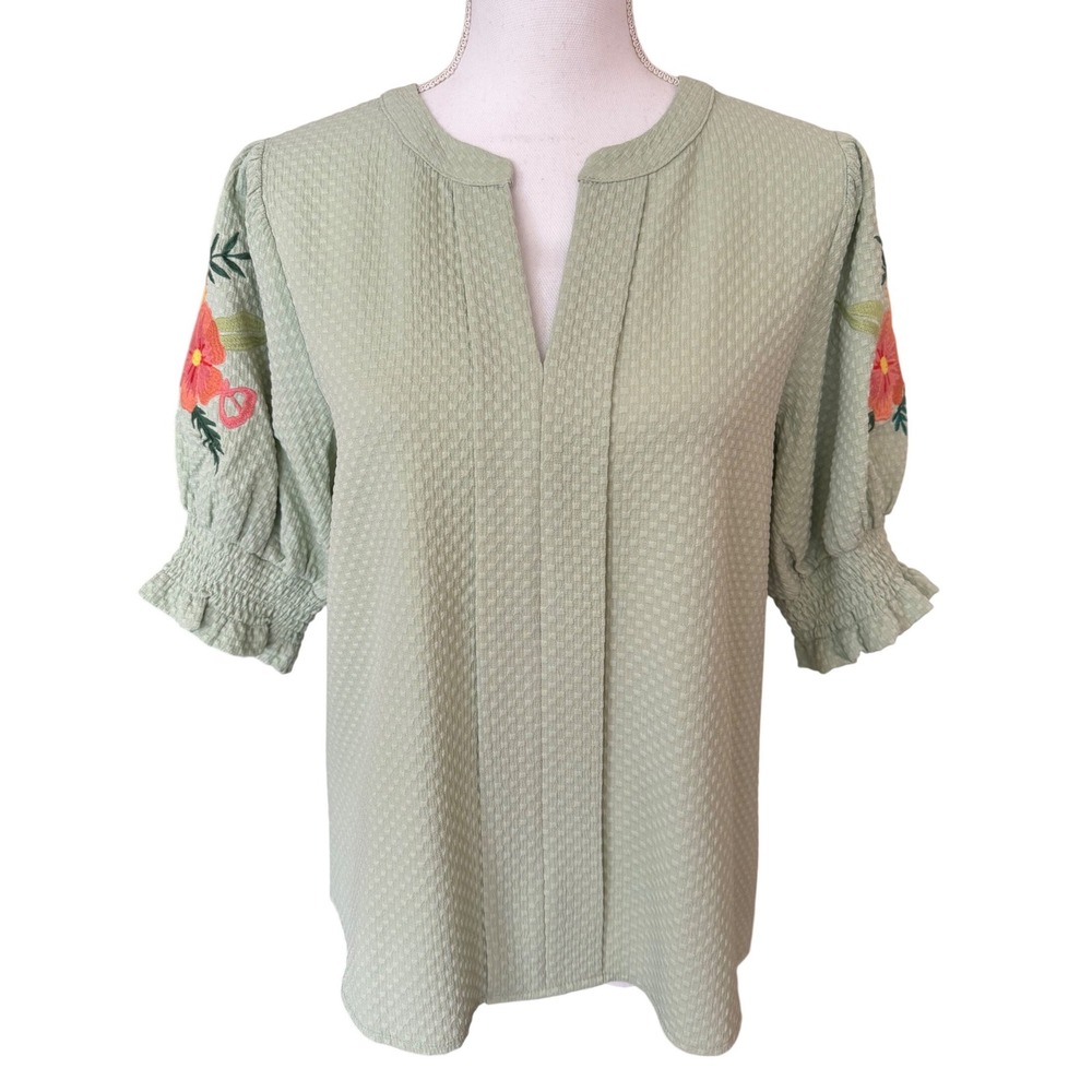 Oddi Sage Green Floral Embroidered Puff Sleeve Top Women Small NWT